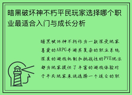暗黑破坏神不朽平民玩家选择哪个职业最适合入门与成长分析